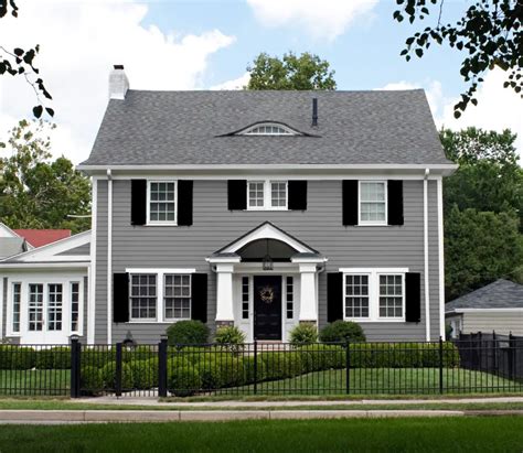 house with gray metal roof|grey houses with black shutters.